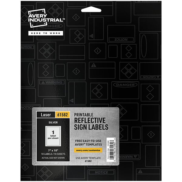 A package of 10 black and silver Avery Reflective Rectangle Labels with white text.