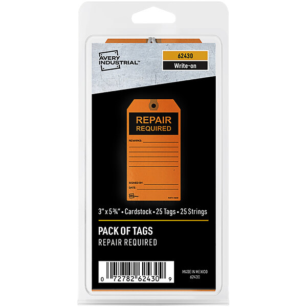 A package of Avery orange pre-printed repair tags with black writing on a white background.
