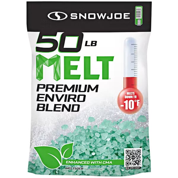 A resealable bag of Snow Joe MELT Premium Ice Melt with green crystals.