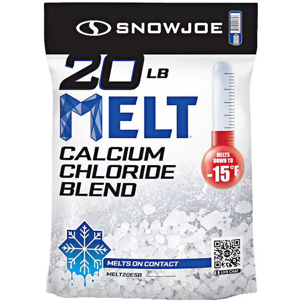A white and blue bag of Snow Joe MELT20ESB Calcium Chloride Blend Ice Melt with a red and white label.