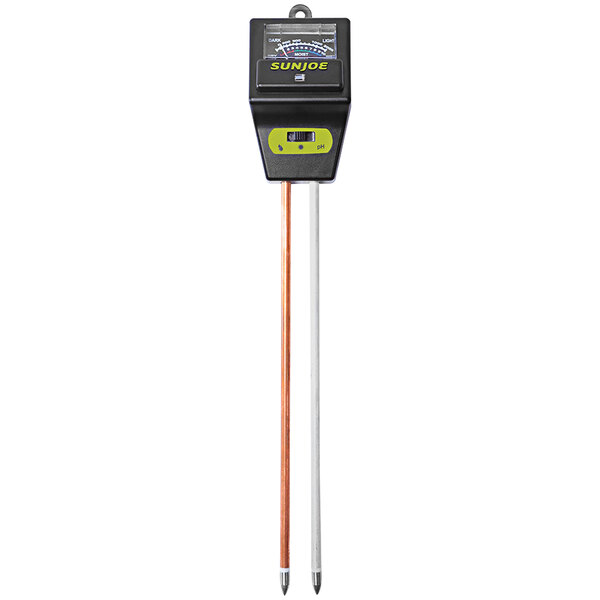 A Sun Joe 3-in-1 Soil Meter with yellow and orange handles.
