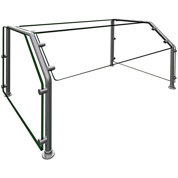 A metal frame with green straps holding glass panels.
