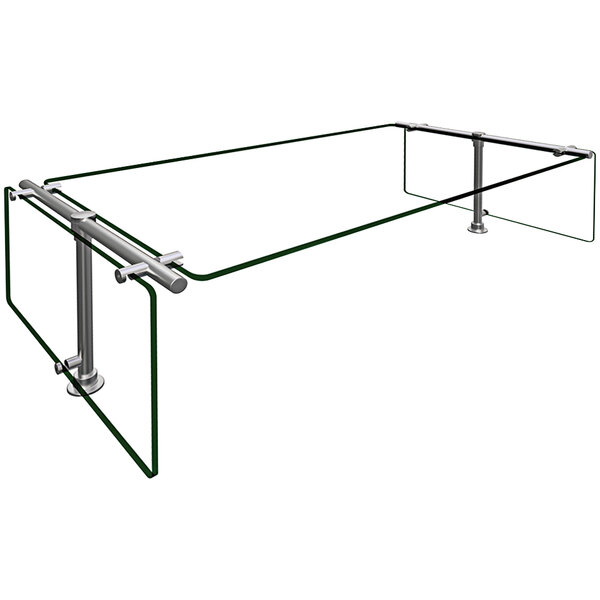 A Hatco Flav-R-Shield stationary double-sided sneeze guard on a glass table with metal legs.