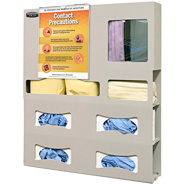 A rectangular beige plastic organizer with four boxes of different types of protective wear inside.