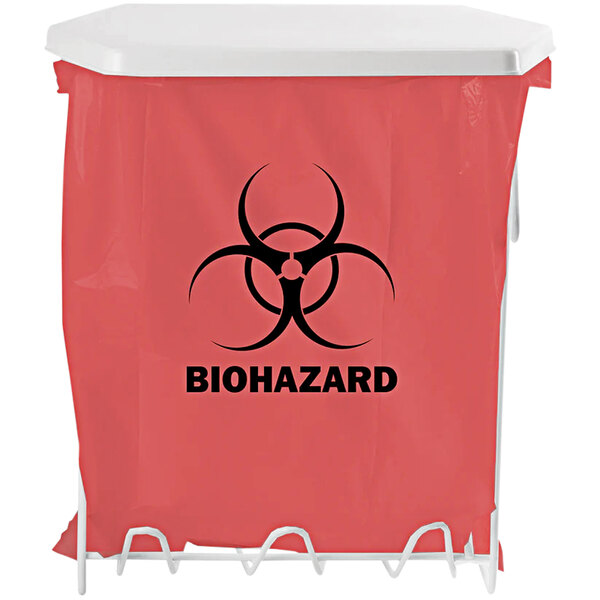 A white coated wire biohazard bag holder with a red biohazard symbol on the front and a white lid.