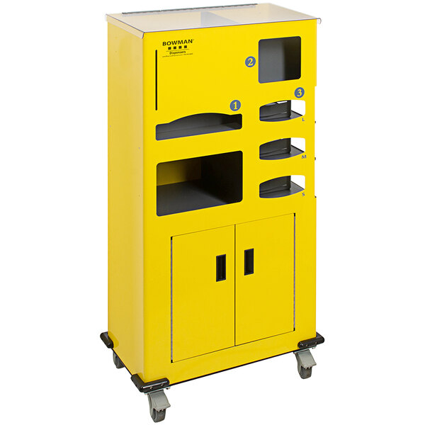 A yellow metal cabinet with wheels.