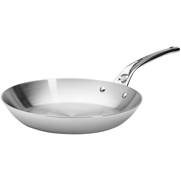 A de Buyer stainless steel fry pan with a handle.
