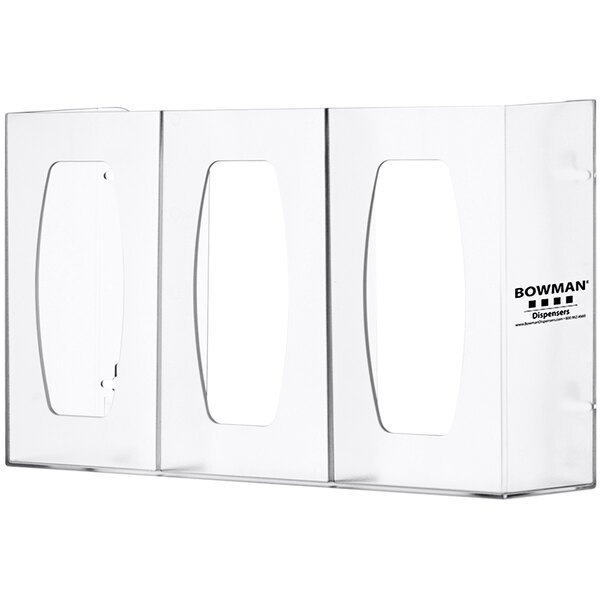 A white rectangular plastic dispenser with three clear plastic boxes and three doors.