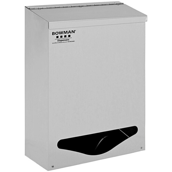 A stainless steel wall mount dispenser with a black handle.