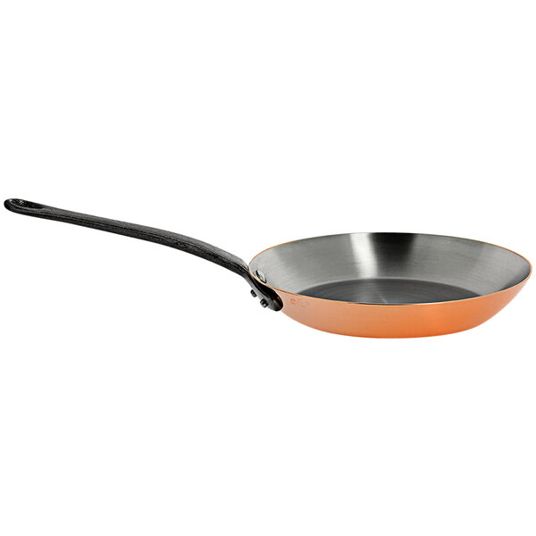 A de Buyer copper fry pan with a black handle.