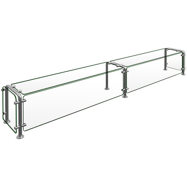 A Hatco Flav-R-Shield pass-over sneeze guard with glass shelves and metal supports.