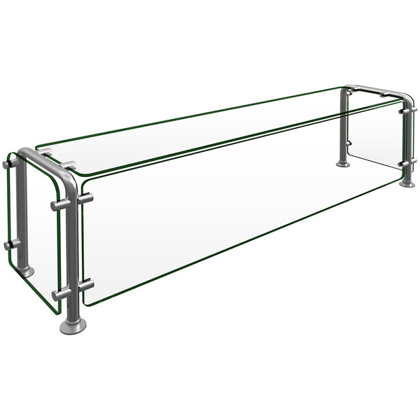 A glass shelf with metal rails over a counter.