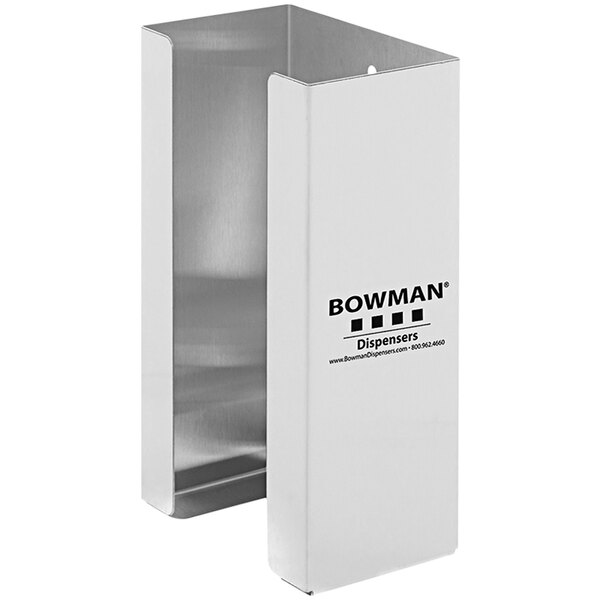 A silver rectangular wall mount with black text reading "BOWMAN Glove Box Dispenser"