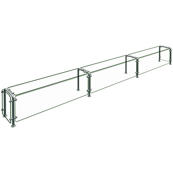 A long metal Hatco Flav-R-Shield sneeze guard structure with glass panels over a glass table.