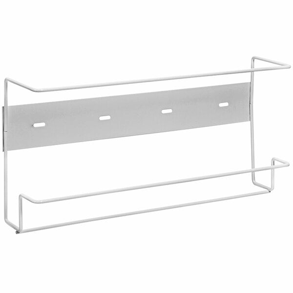 A white powder-coated metal wall mount with three shelves and holes.