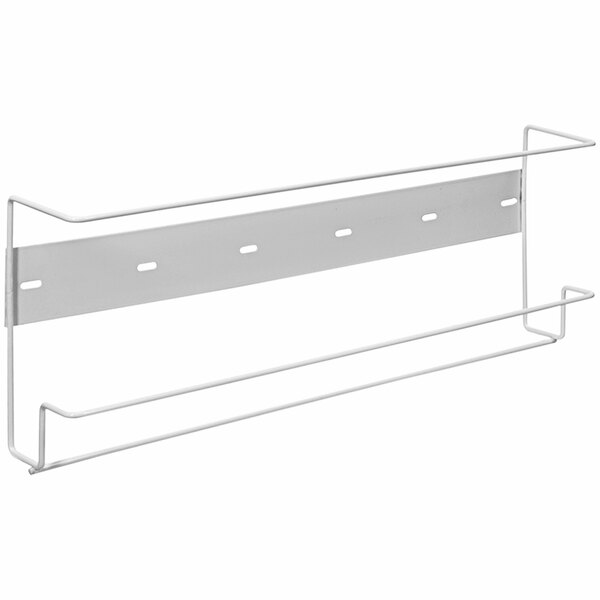A white powder-coated wire wall mount with four holes for glove boxes.