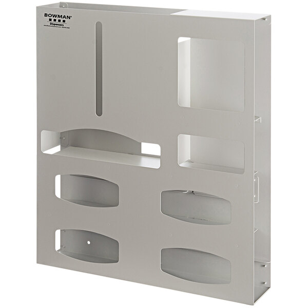 A white powder-coated aluminum wall mounted shelf with four compartments with holes.