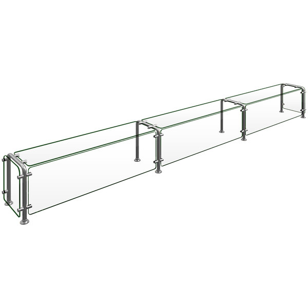 A glass shelf with metal supports over a counter.