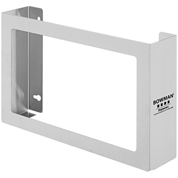 A stainless steel wall mount glove box dispenser with three square holes.