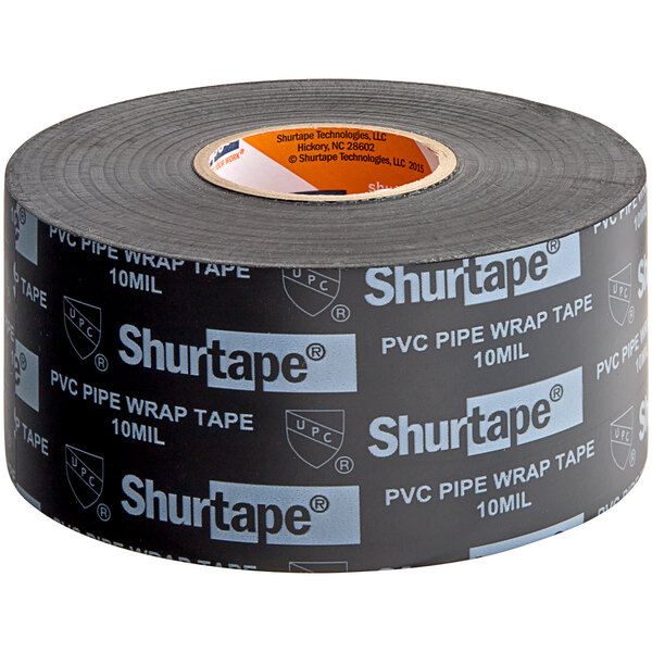 A roll of Shurtape black PVC pipe wrap tape with the words "Shurtape" printed on it.