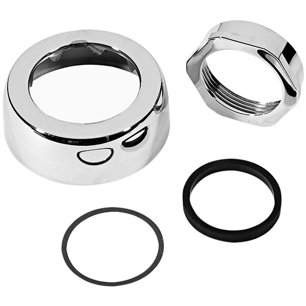 A shiny silver Sloan Flushometer spud coupling assembly kit with a chrome plated metal ring.