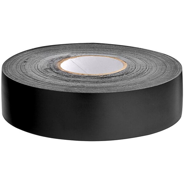 A roll of Shurtape black electrical tape with white edges.
