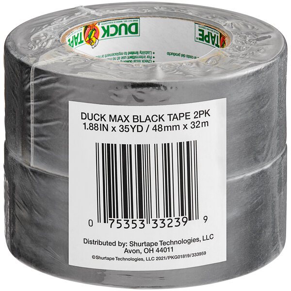 A pack of two black Duck Tape rolls with a bar code on one.