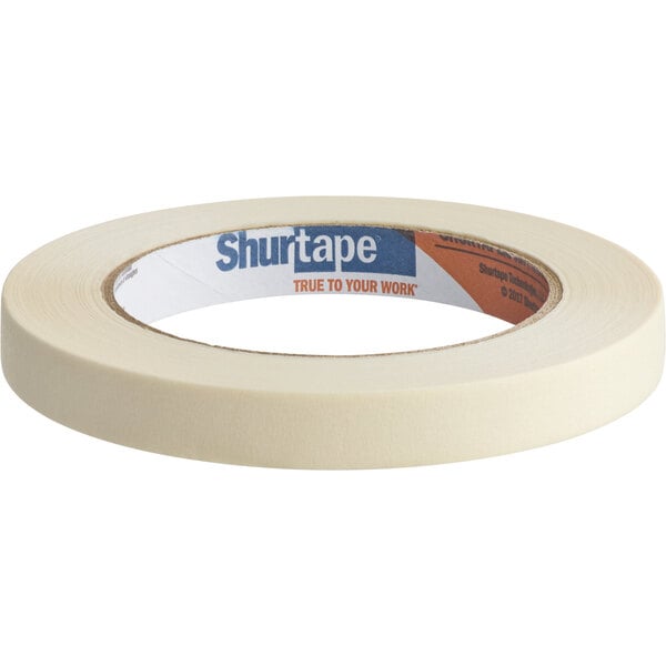 A roll of Shurtape natural masking tape with white adhesive tape.