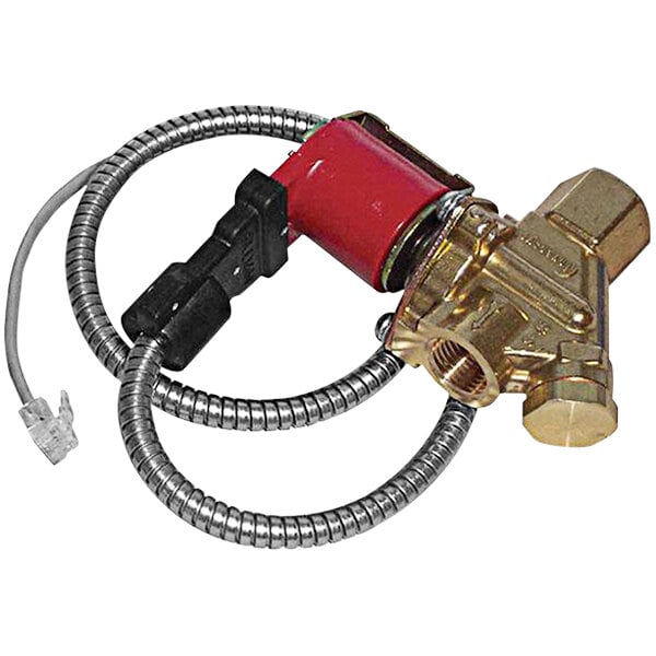 A close-up of a metal Sloan solenoid valve with red and gold accents.
