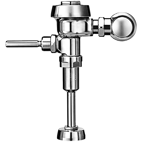 A close-up of a chrome plated Sloan urinal flushometer with a handle.