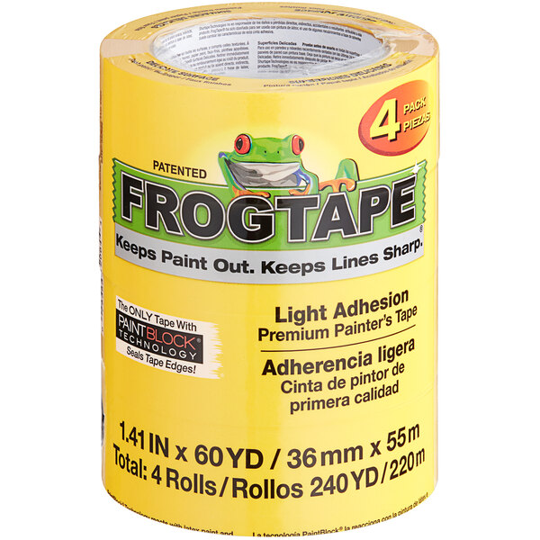 A white roll of FrogTape for delicate surfaces with yellow packaging featuring a green frog.