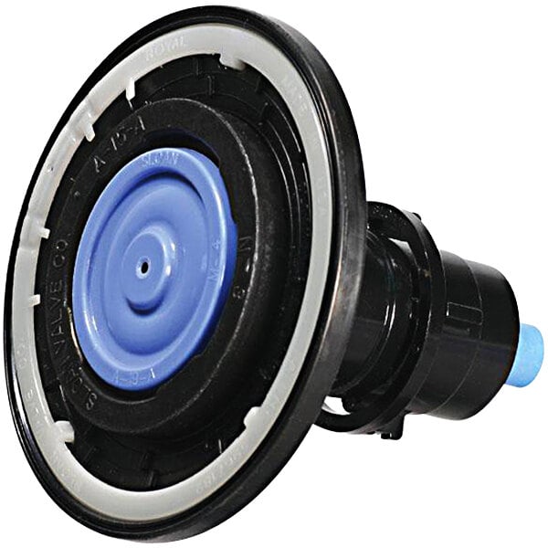 A black and blue circular diaphragm with white rings inside a blue plastic cap.
