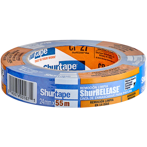 A roll of blue Shurtape painter's tape with the words "ShurRelease" on it.