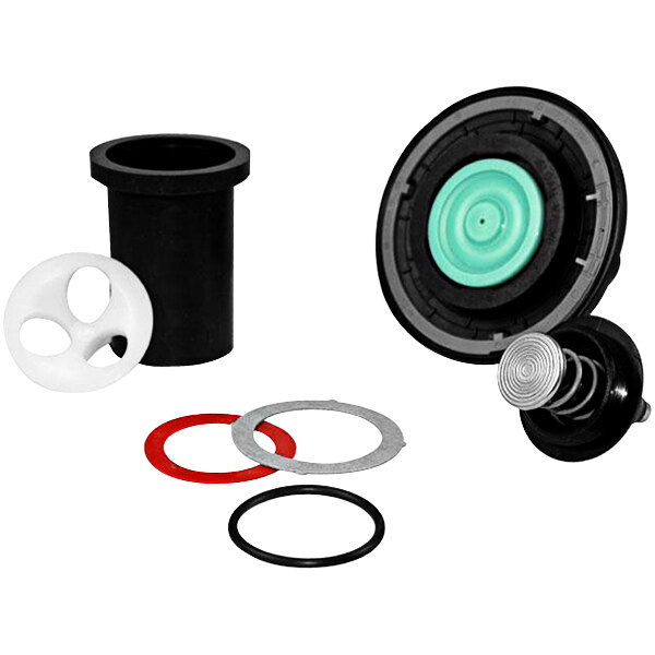 A black and white Sloan urinal rebuild kit with rubber seals and a green circle.