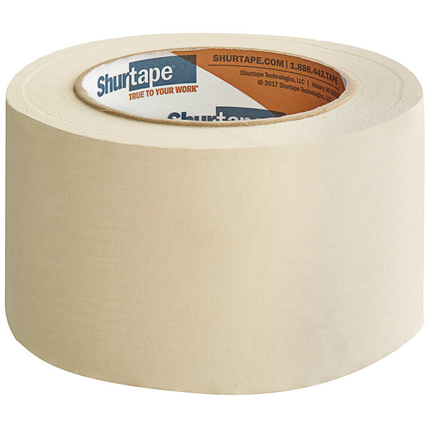 A roll of Shurtape natural masking tape on a white background.