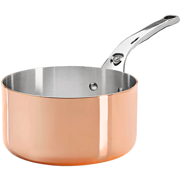 A de Buyer copper sauce pan with a stainless steel handle.