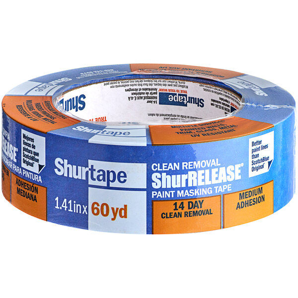 A roll of blue Shurtape painter's tape with the words "Shurtape ShurRelease" on it.