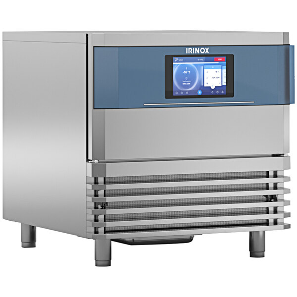 A large stainless steel Irinox MultiFresh Eco Silent Excellence blast chiller with a blue screen.
