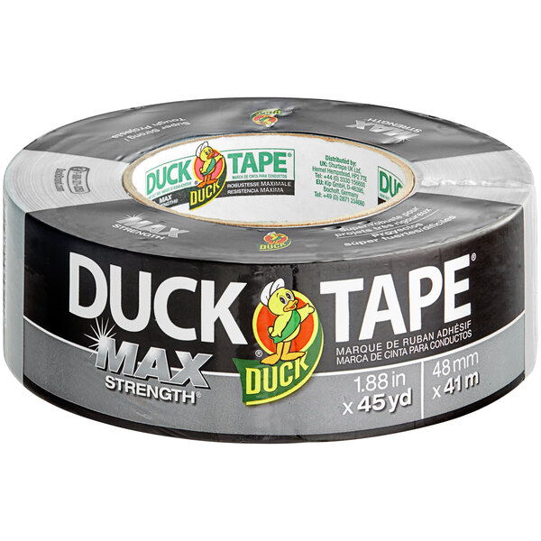 A roll of silver Duck Tape Max Strength duct tape.