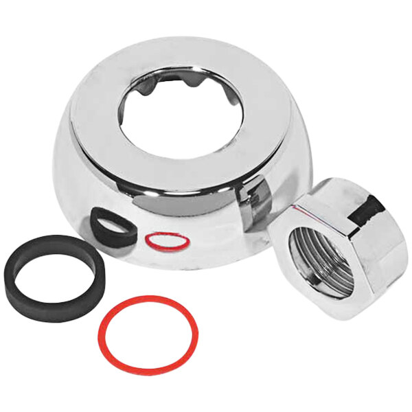 A chrome plated metal Sloan spud coupling nut and ring.