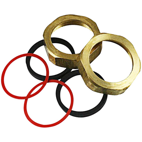 A group of Sloan brass slip-joint couplings with red and black rubber rings.