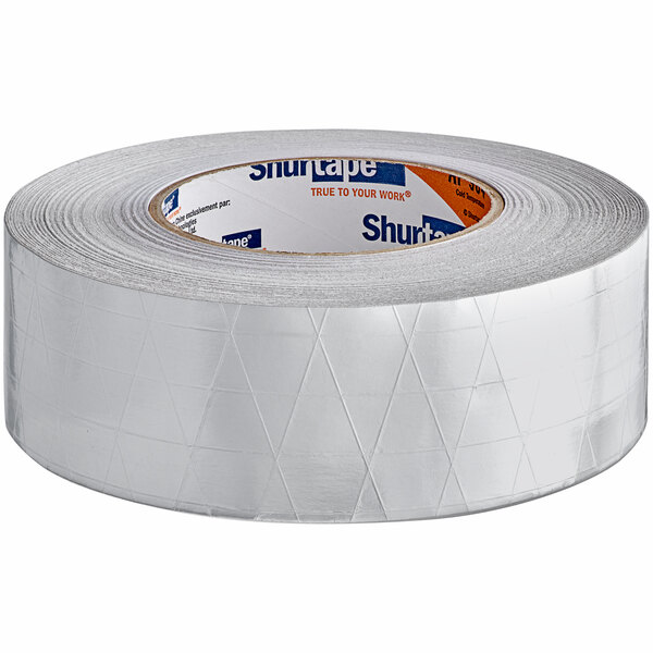 A roll of silver Shurtape AF 984 cold temperature foil tape.
