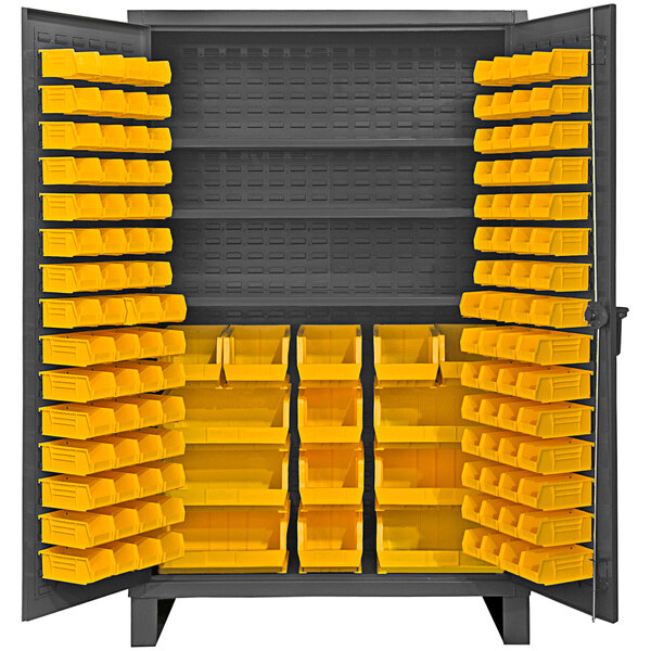 A large metal cabinet with yellow shelves and yellow hook-on bins.