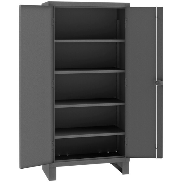 A black metal Durham 4-shelf steel storage cabinet with open doors.