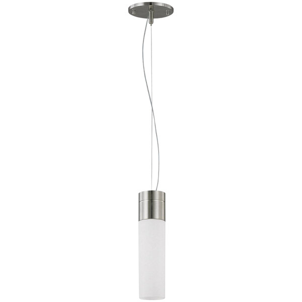 A SATCO/NUVO brushed nickel mini pendant light with a white glass shade.