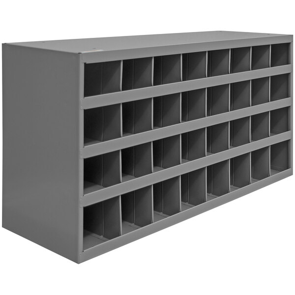 A grey metal Durham Storage Bin Shelf with 32 openings.