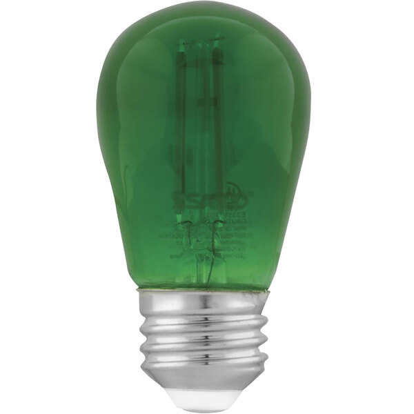 A close up of a green S14 light bulb with a silver base.