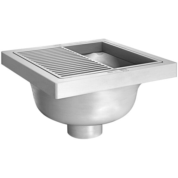 A white Zurn polymer floor sink with a square drain.