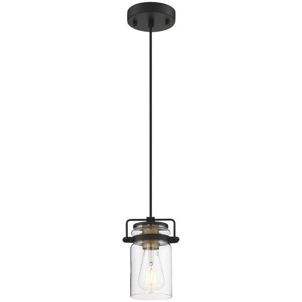 A SATCO Antebellum mini pendant light with clear glass shade and black and aged gold finish.