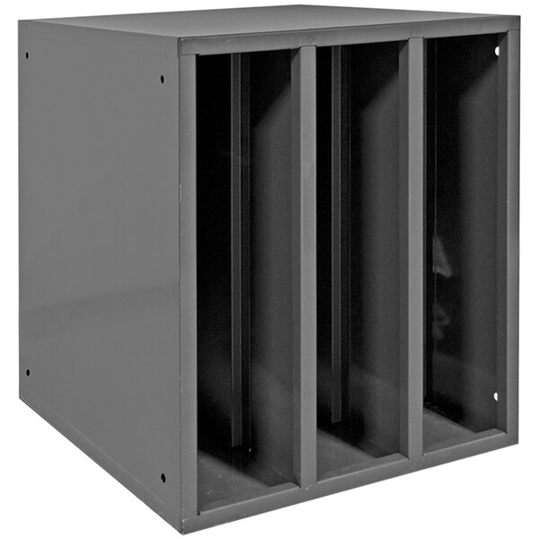 A gray steel Durham hose cabinet with three openings.